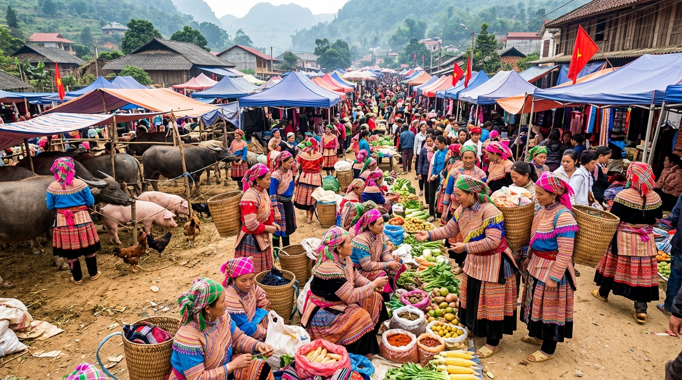 A busy outdoor market scene in Bac Ha featuring ethnic
