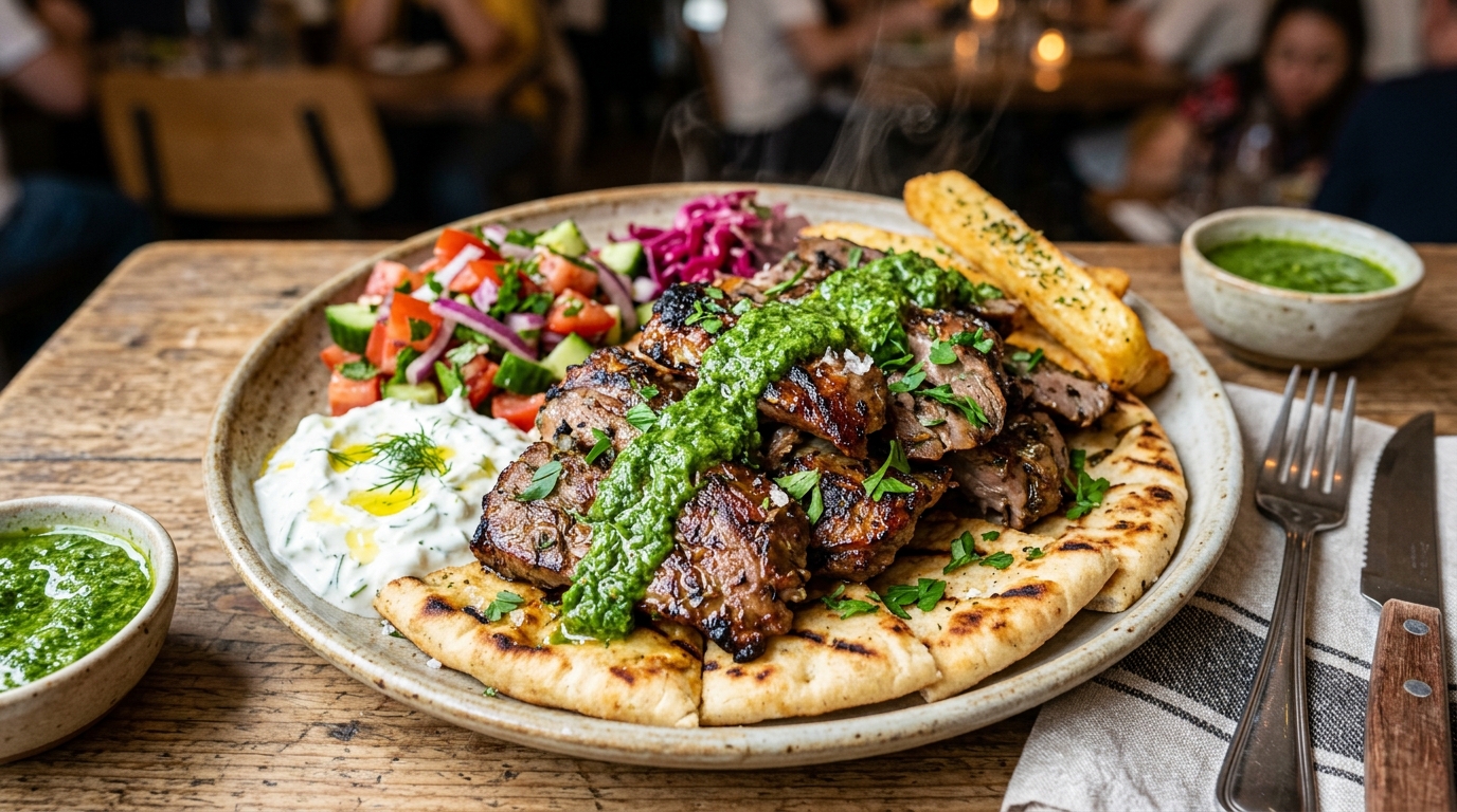 A close-up, high-angle shot of a steaming, multi-component gyro plate