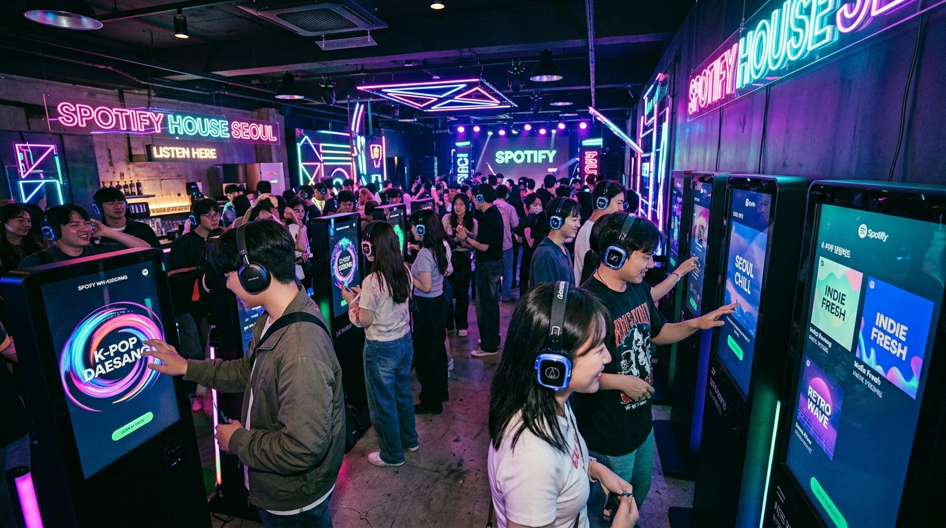 A vibrant, neon-lit room in the Spotify House Seoul venue