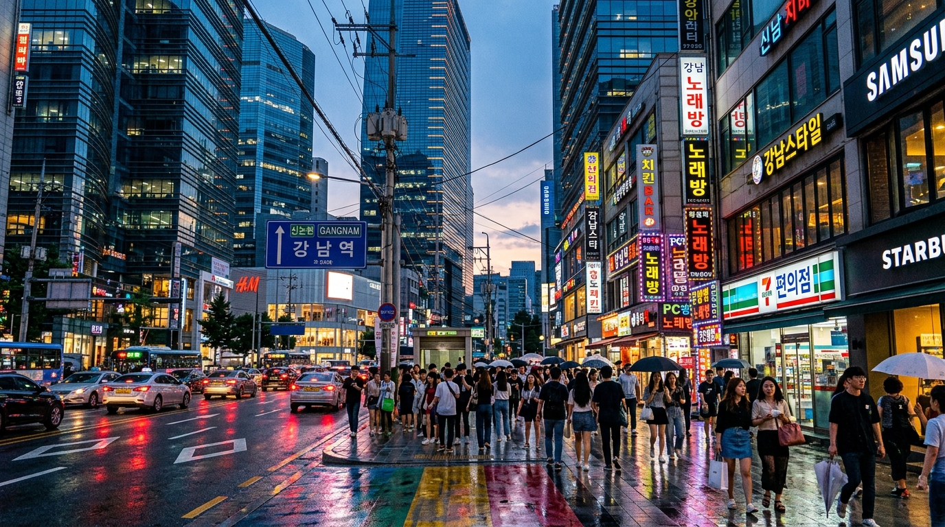 A vibrant, neon-lit street in Gangnam at dusk with reflective