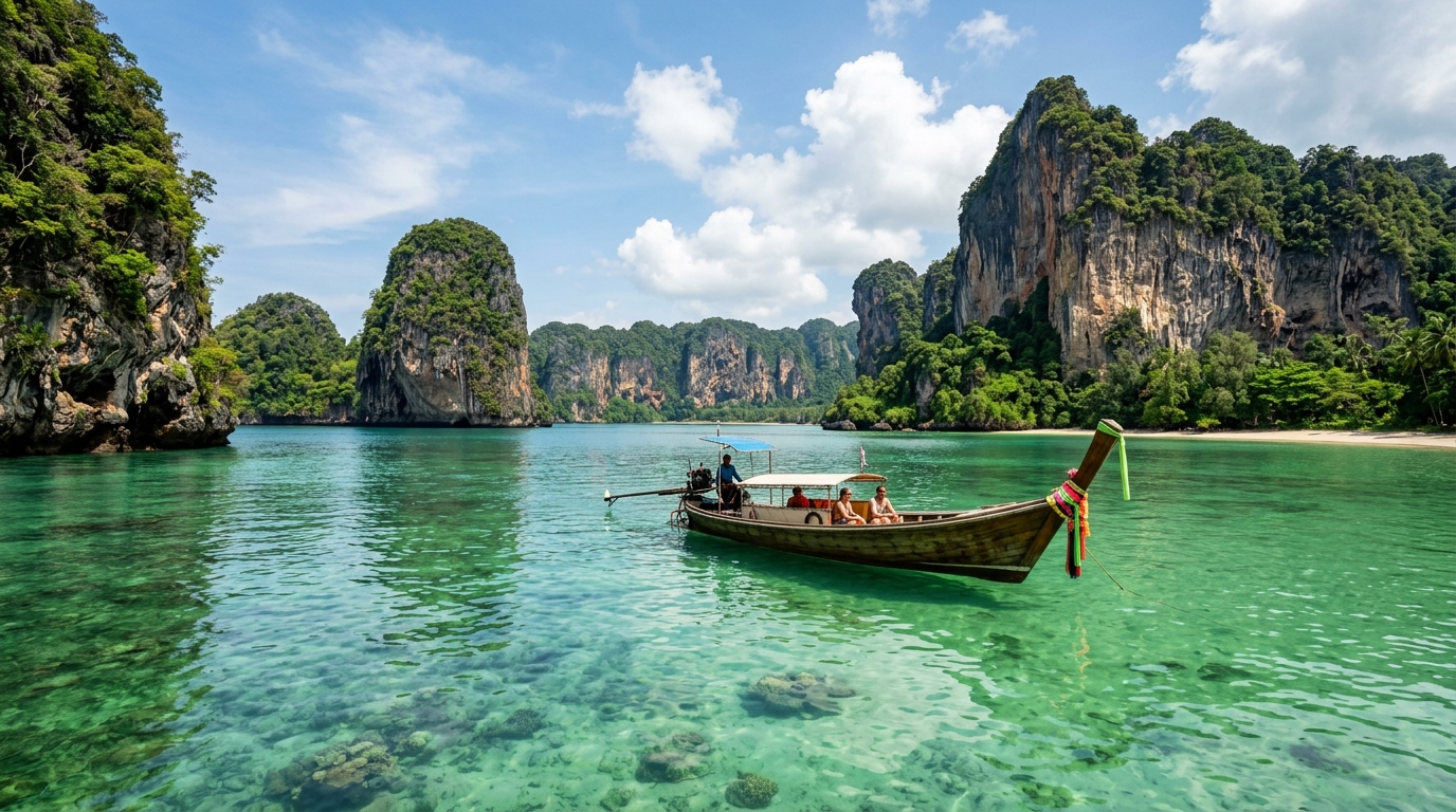 A wide shot of a traditional longtail boat floating on