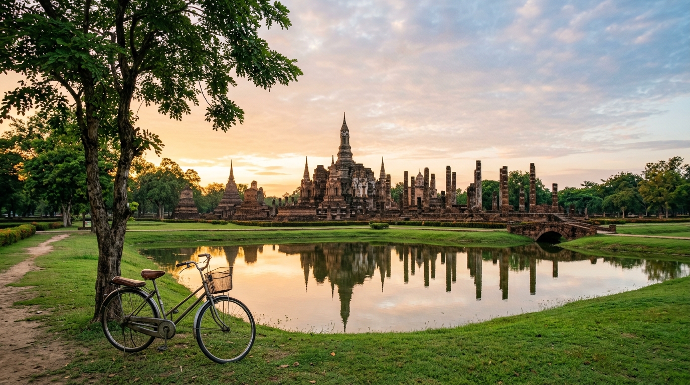 A serene, wide-angle view of ancient stone temple ruins in