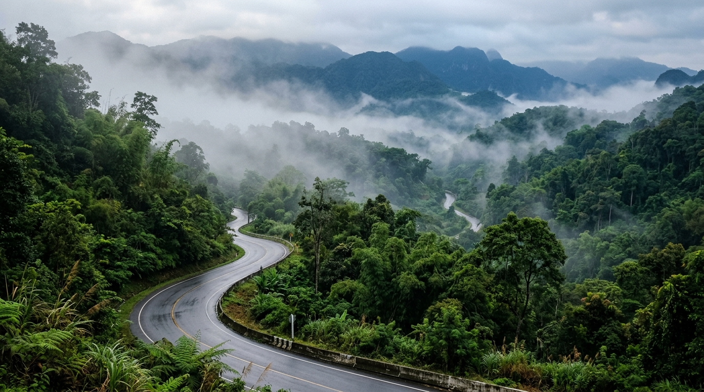 A narrow, paved rural road winding through lush green mountains