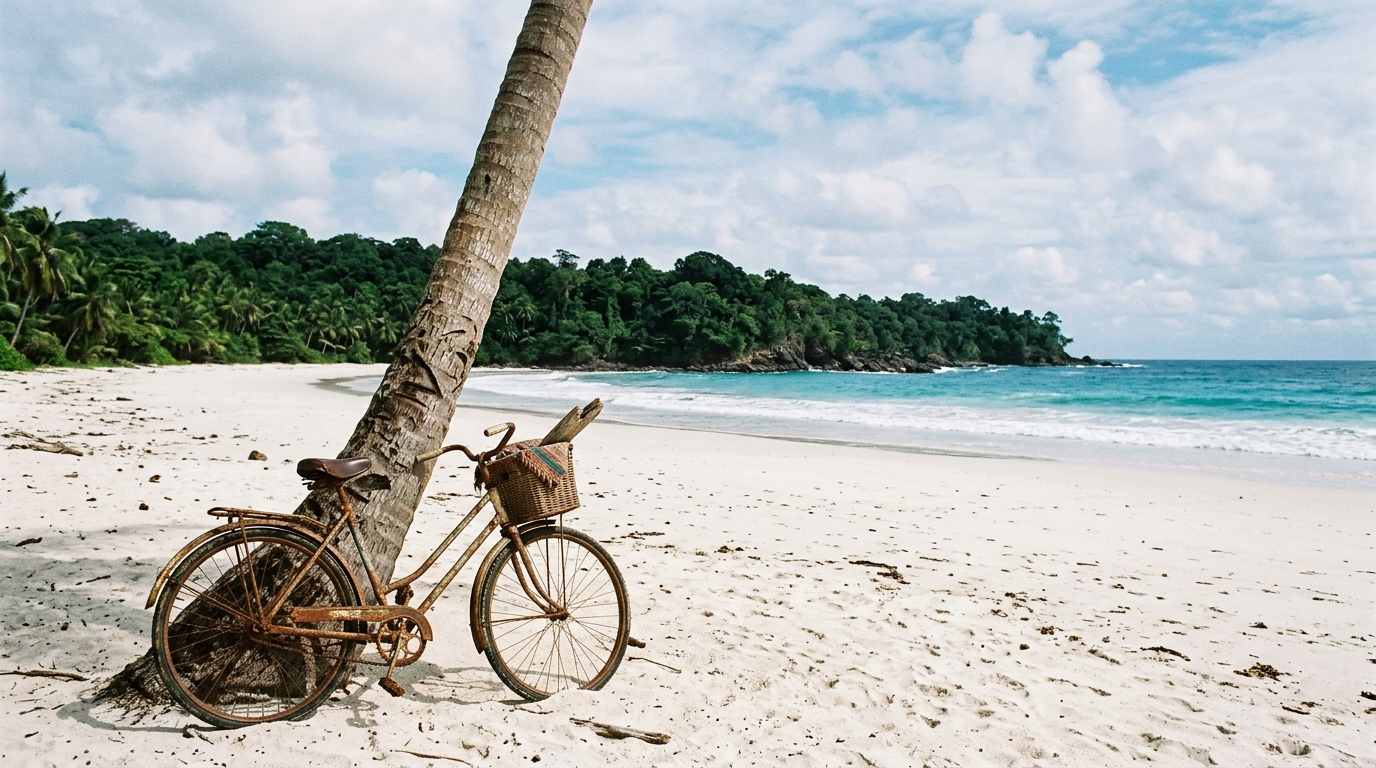 A rusty, vintage bicycle leaning against a palm tree on