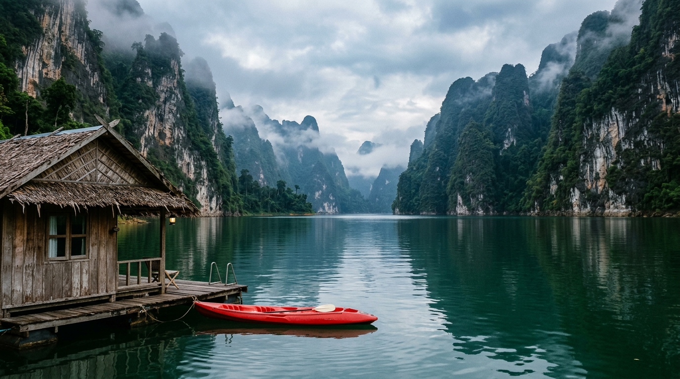 A wide shot of a serene, emerald green lake surrounded
