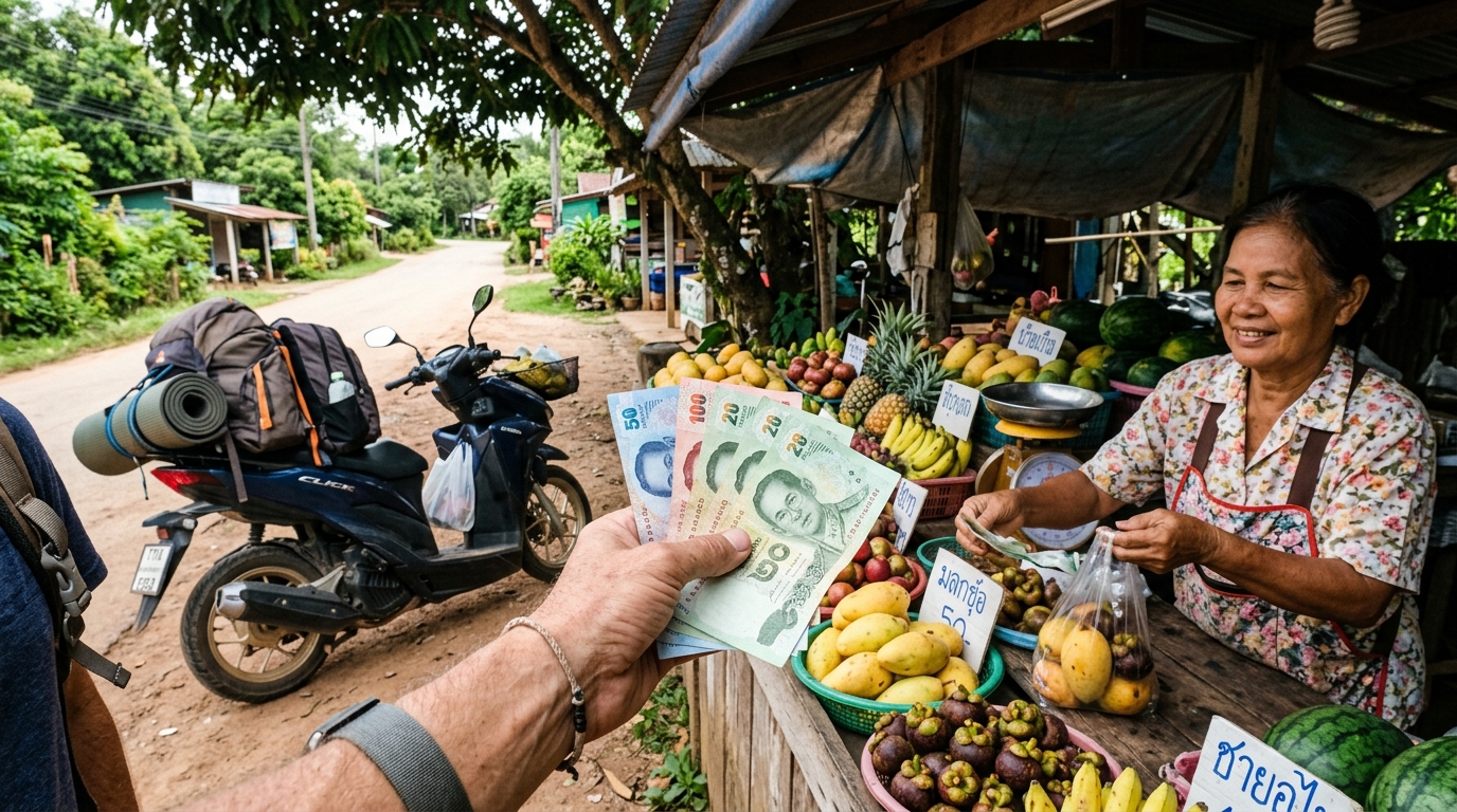 A close-up of a traveler's hand holding several colorful Thai