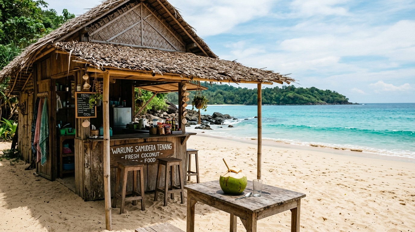 A local Indonesian warung on a quiet beach, constructed with