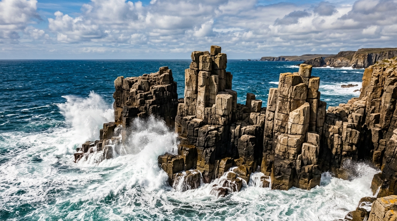Dramatic, blocky limestone and volcanic rock formations jutting out of