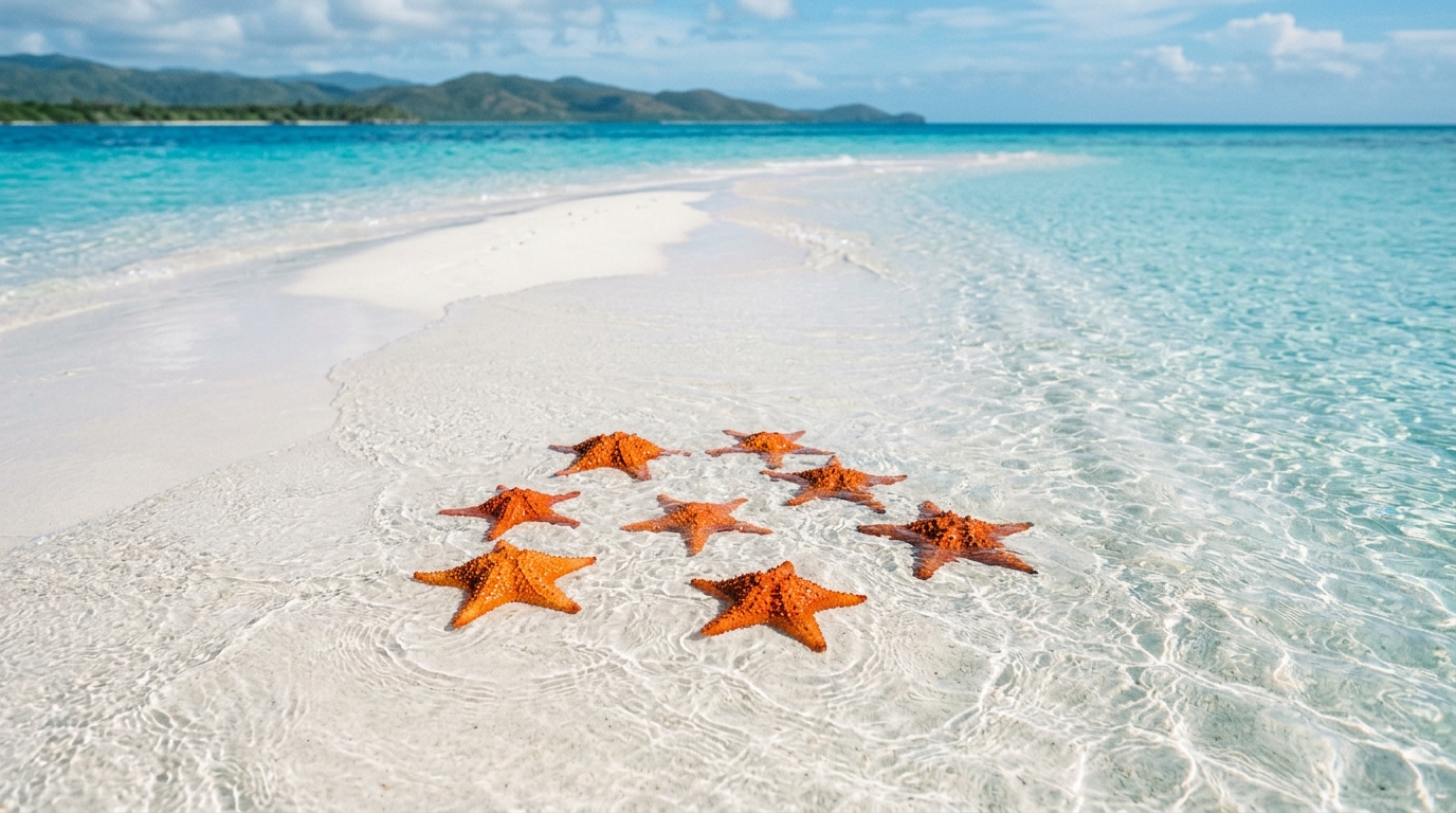 A surreal, shallow sandbar island surrounded by crystal clear water.