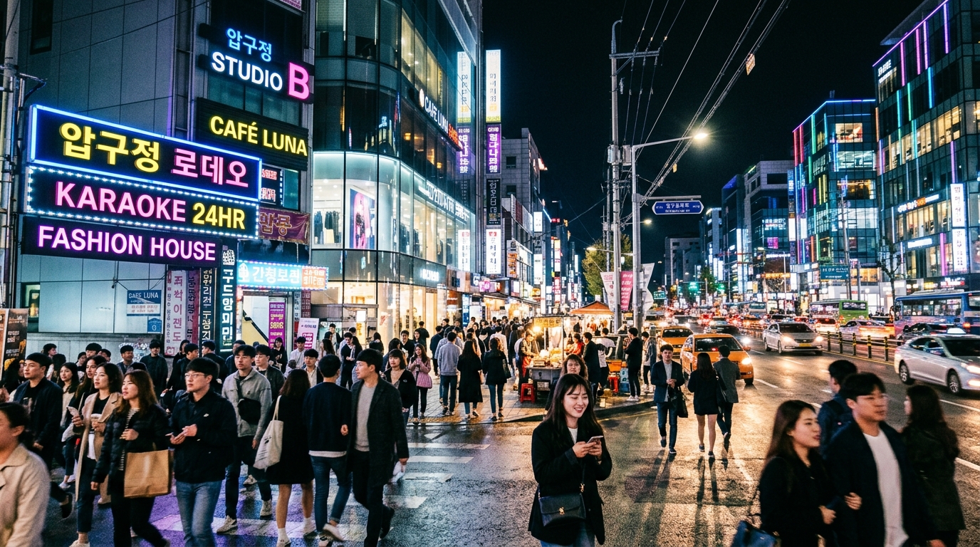 A vibrant, neon-lit street corner in Seoul’s Apgujeong district at