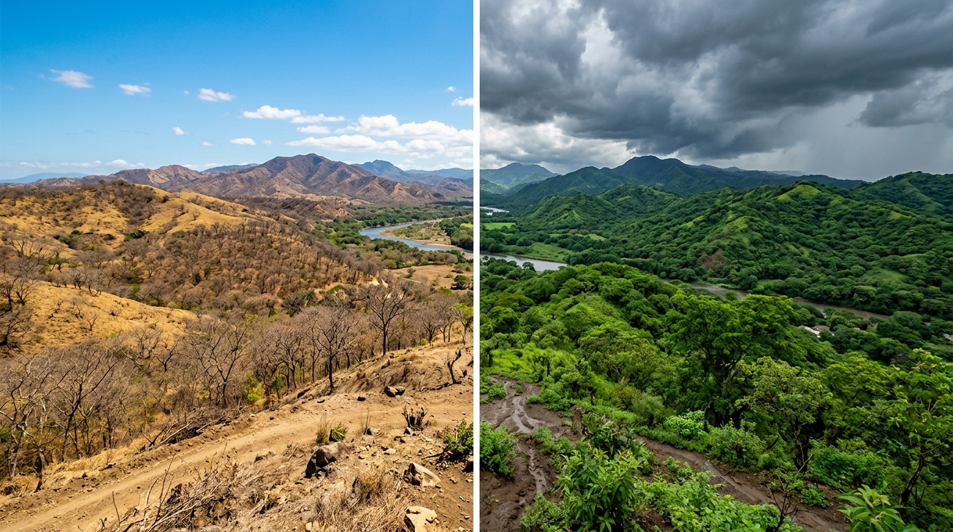 A split-screen visualization of the Guanacaste landscape. The left side
