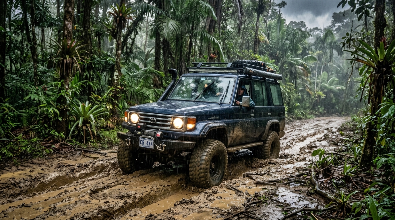 A high-clearance 4x4 vehicle navigating a deeply rutted, muddy dirt