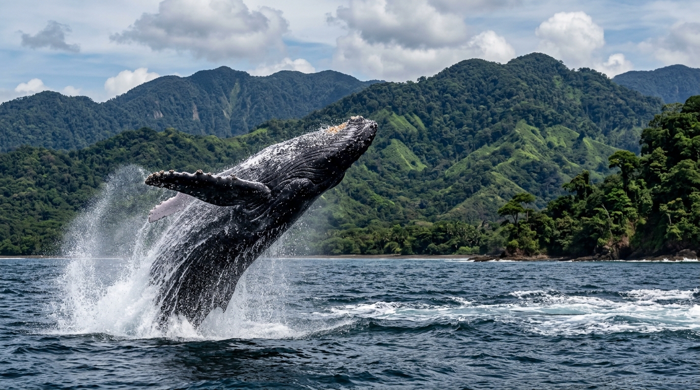 A massive humpback whale breaching out of the dark blue
