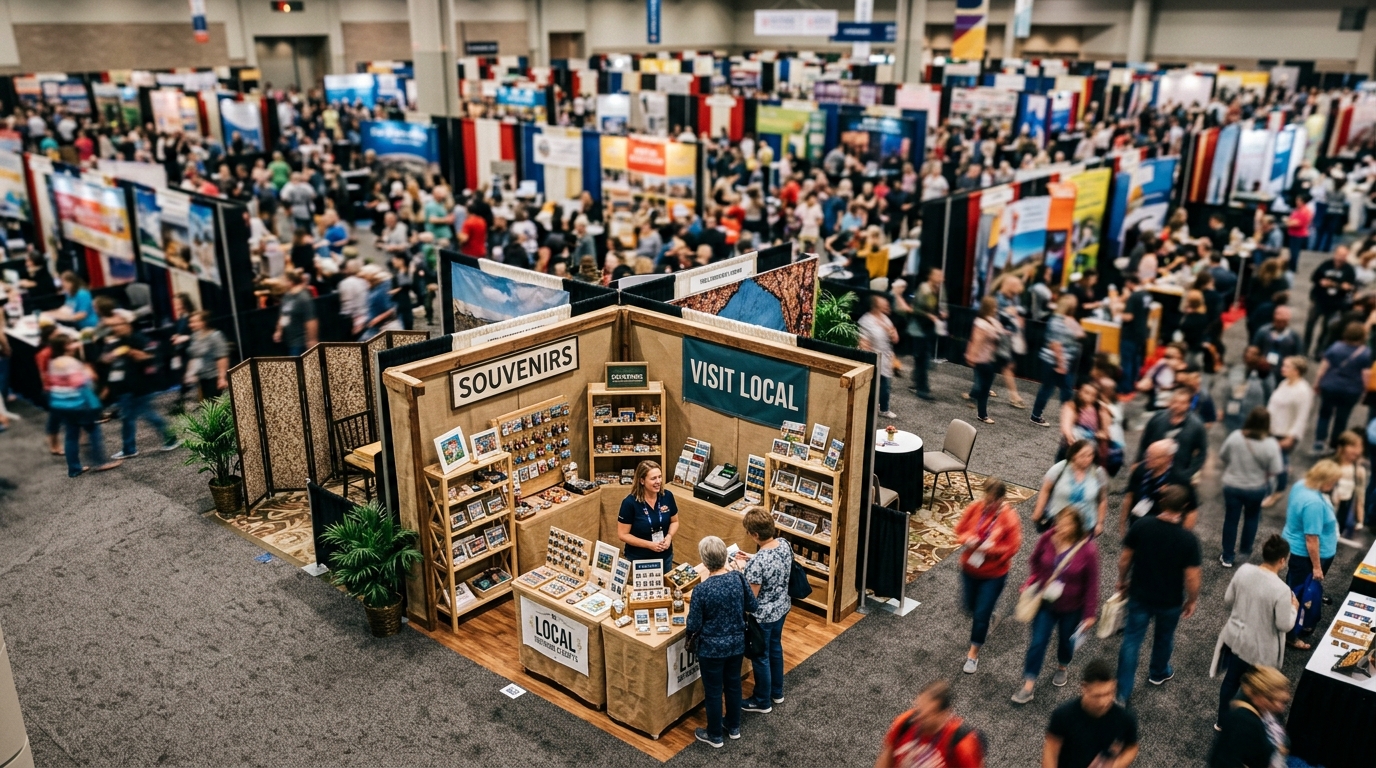 An overhead shot of a smaller, quiet souvenir kiosk in