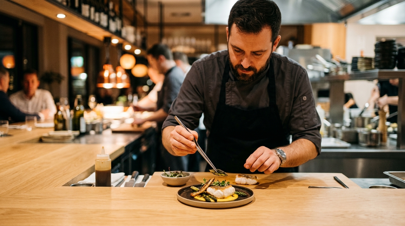 A candid, warm shot of a chef standing behind a