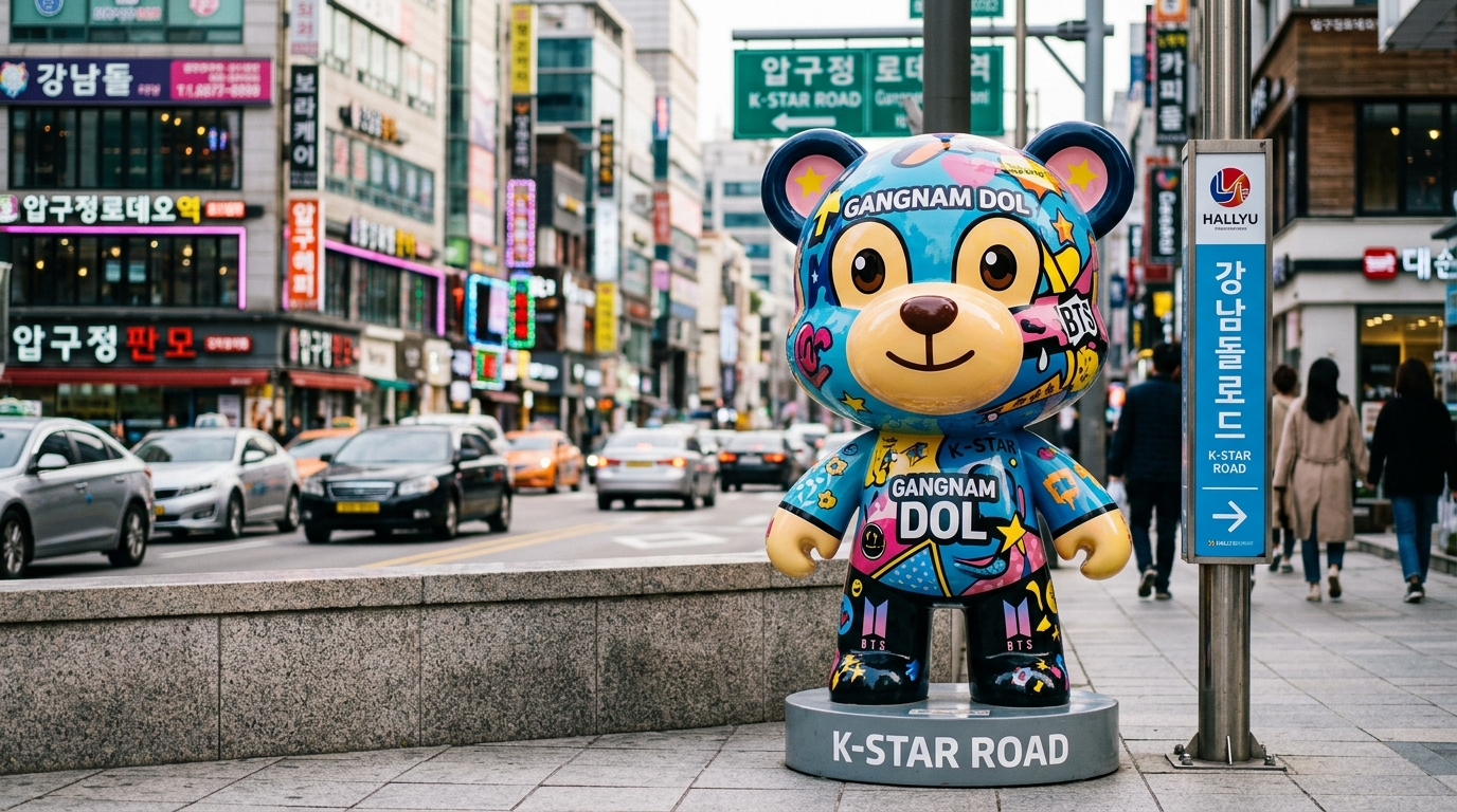 A close-up of a brightly colored, stylized teddy bear statue