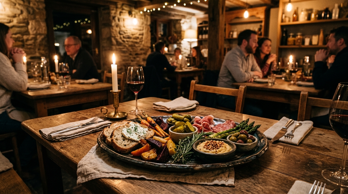 A rustic, dimly lit dining room with wooden tables, featuring