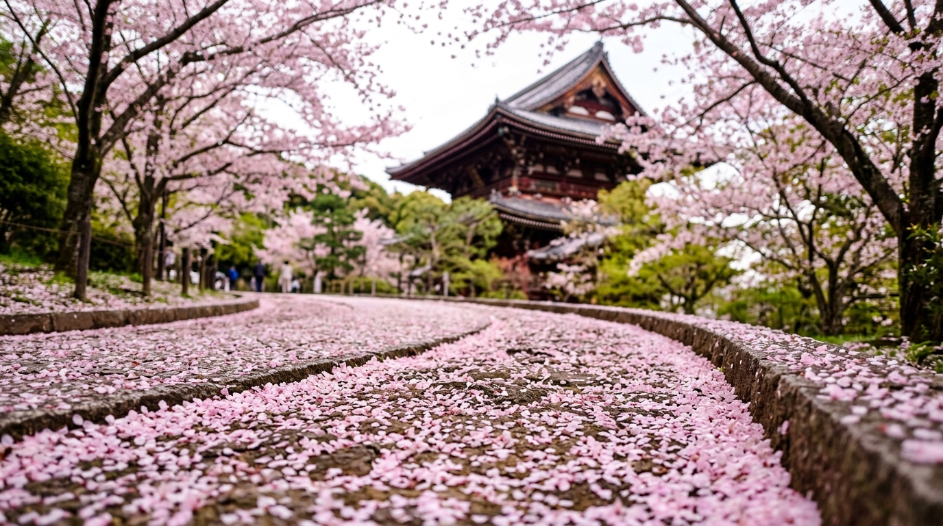 A low-angle shot of a park pathway covered in fallen
