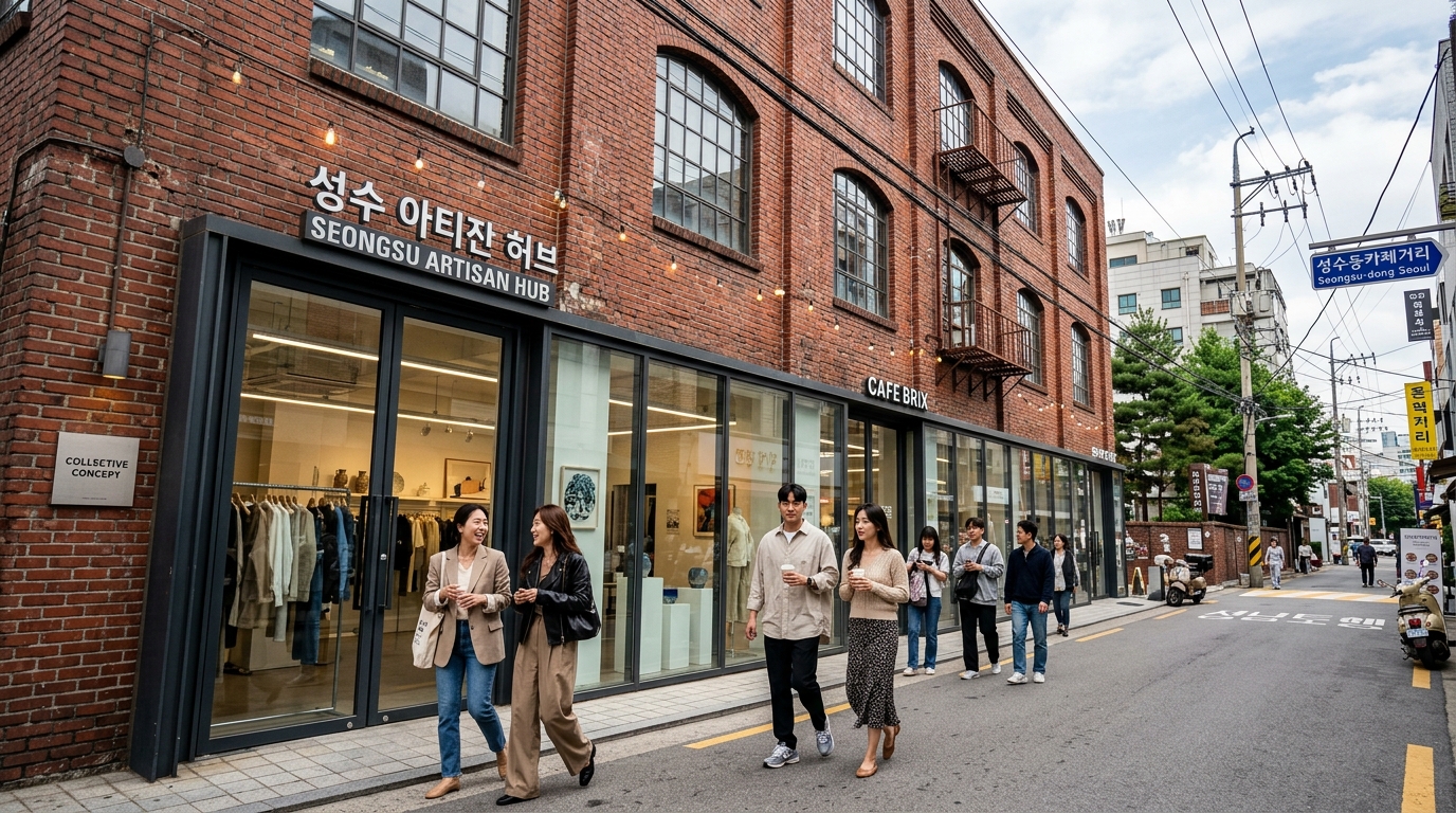 A wide-angle view of a red-brick factory building in Seongsu-dong