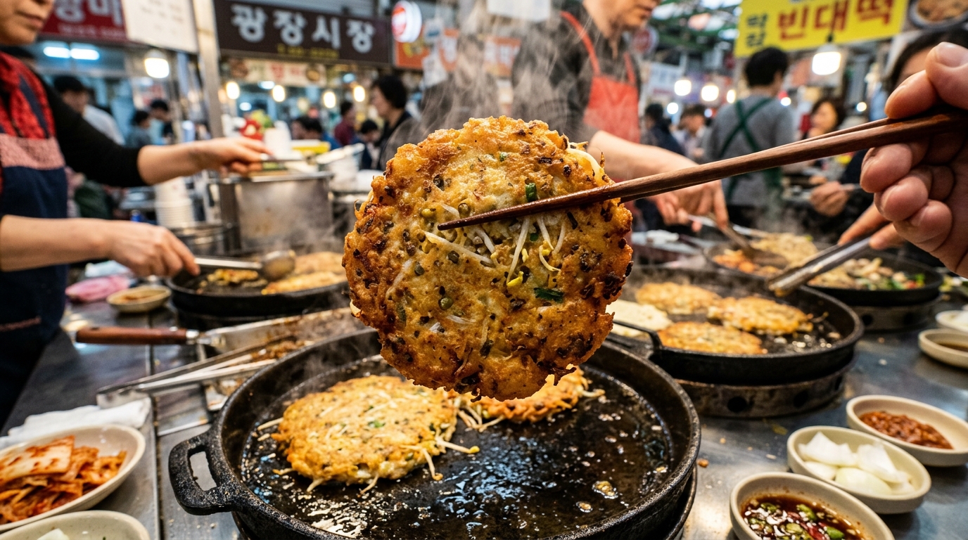 A close-up, high-angle shot of a steaming, golden-brown mung bean