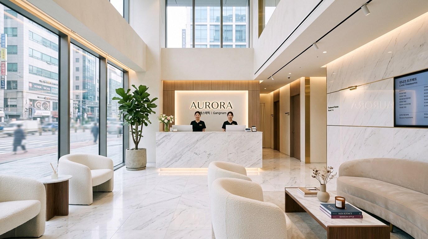 A sleek, modern aesthetic clinic lobby in Gangnam with soft