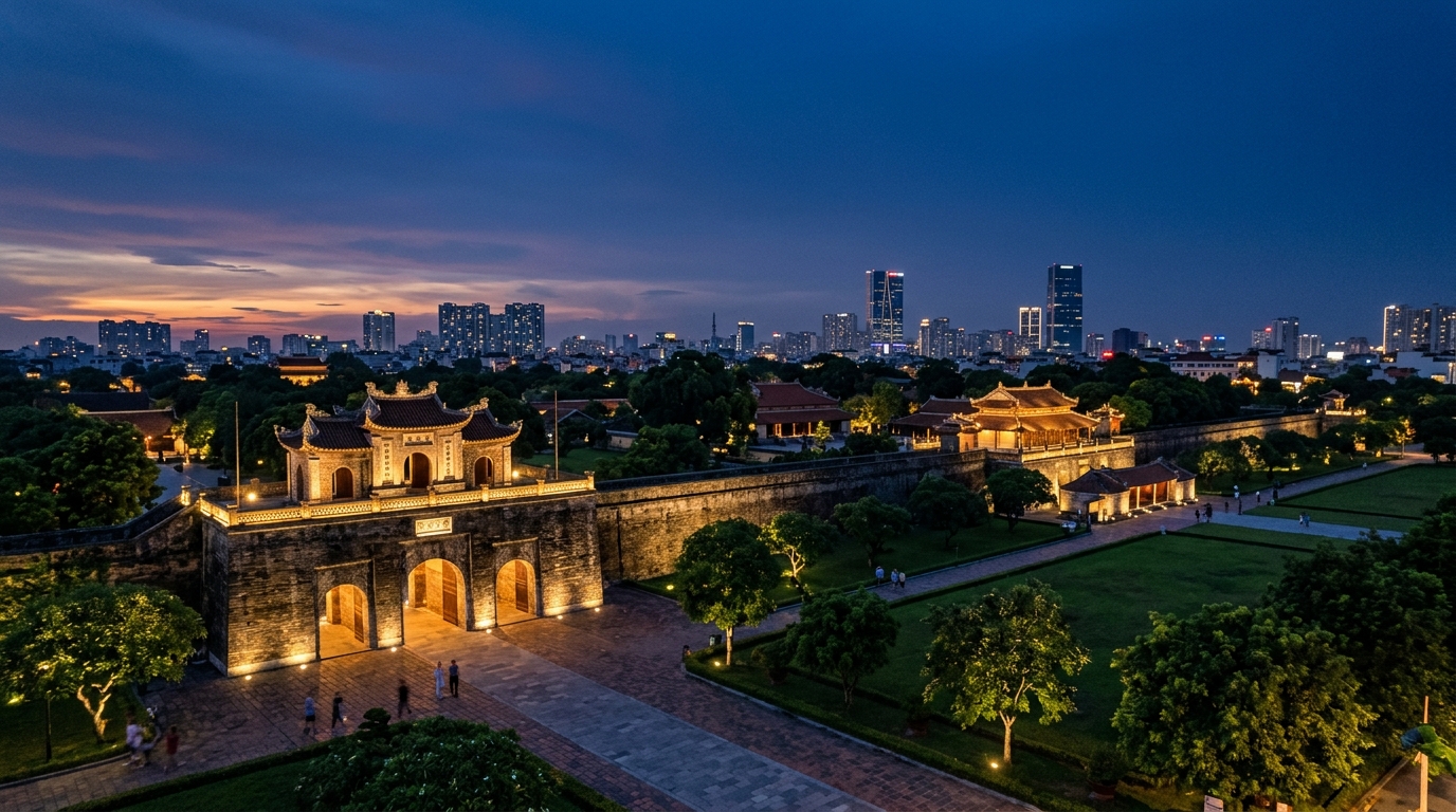 A wide shot of the Thang Long Imperial Citadel at