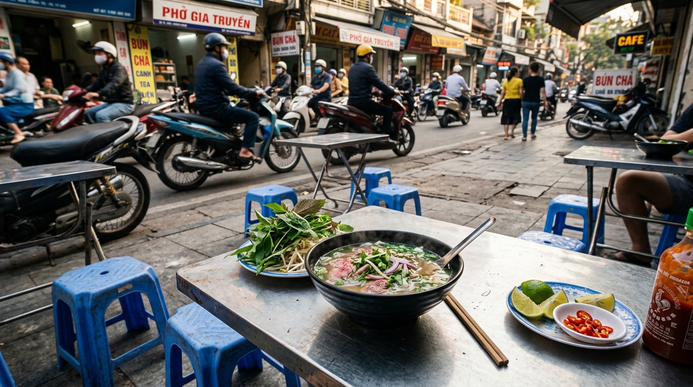 A steaming bowl of Pho sitting on a small, scratched
