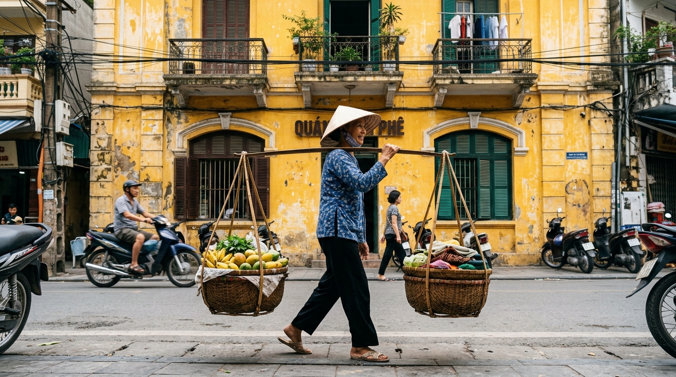 A vendor wearing a traditional conical hat (non la) carrying