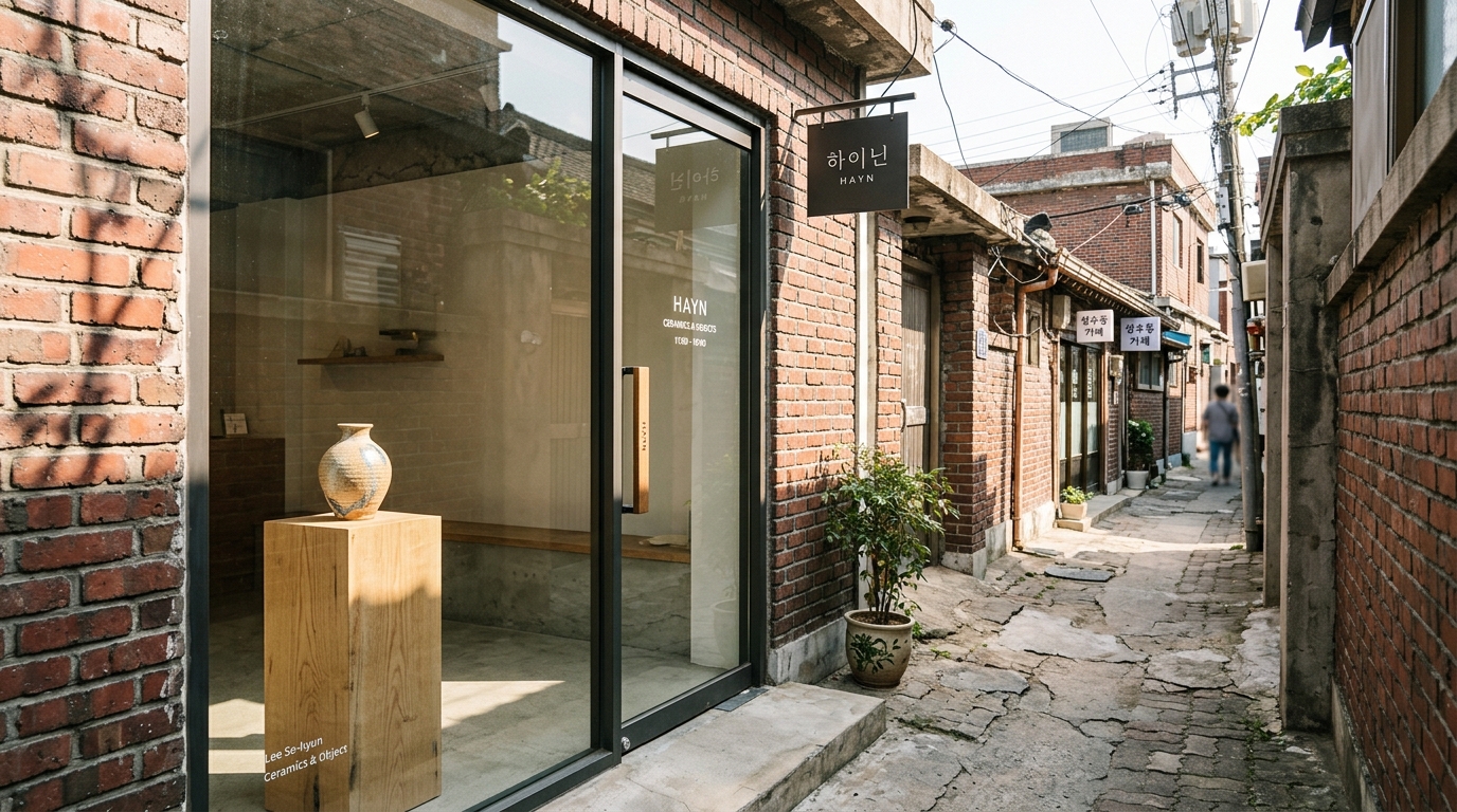 A narrow, sun-drenched alley in Seongsu-dong showing a minimalist, glass-fronted