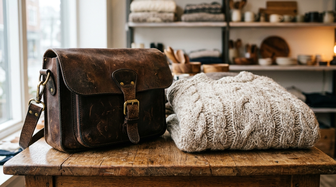 A close-up shot of a well-worn leather bag and a