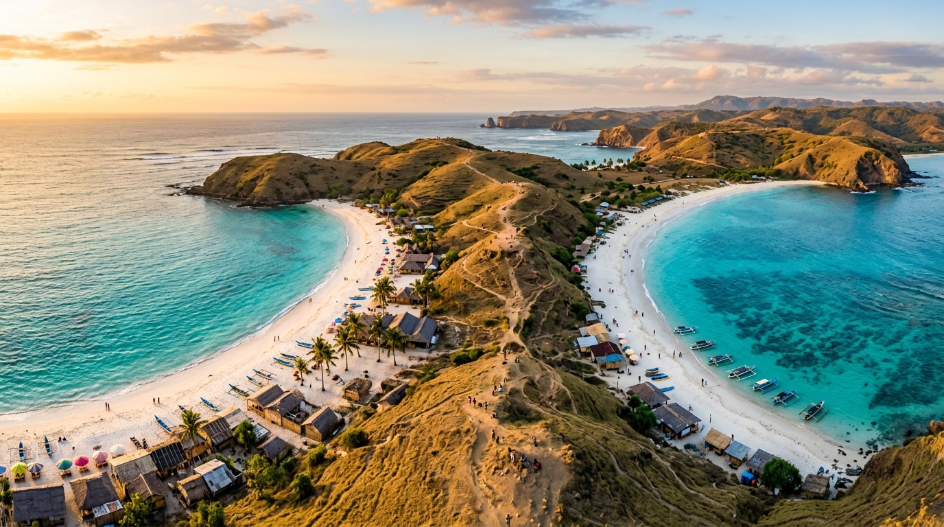 A sweeping high-angle panoramic view of Tanjung Aan beach in