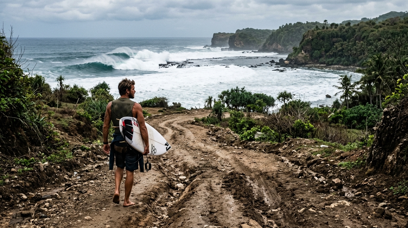 A rugged surfer carrying a shortboard walking down a deeply