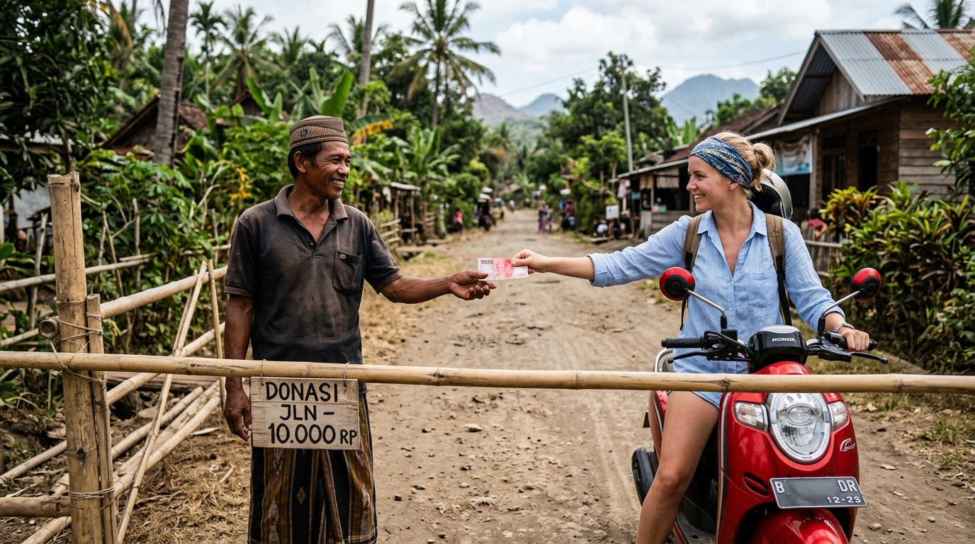 A close-up of a makeshift bamboo toll gate across a
