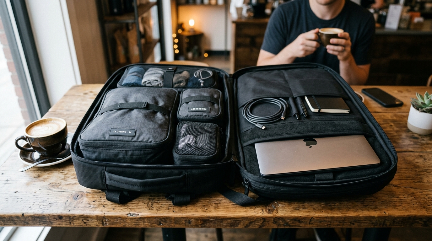 A close-up of a sleek, matte black travel backpack sitting