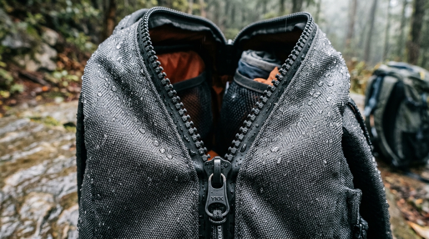 A detailed shot of an unzipped travel backpack focusing heavily