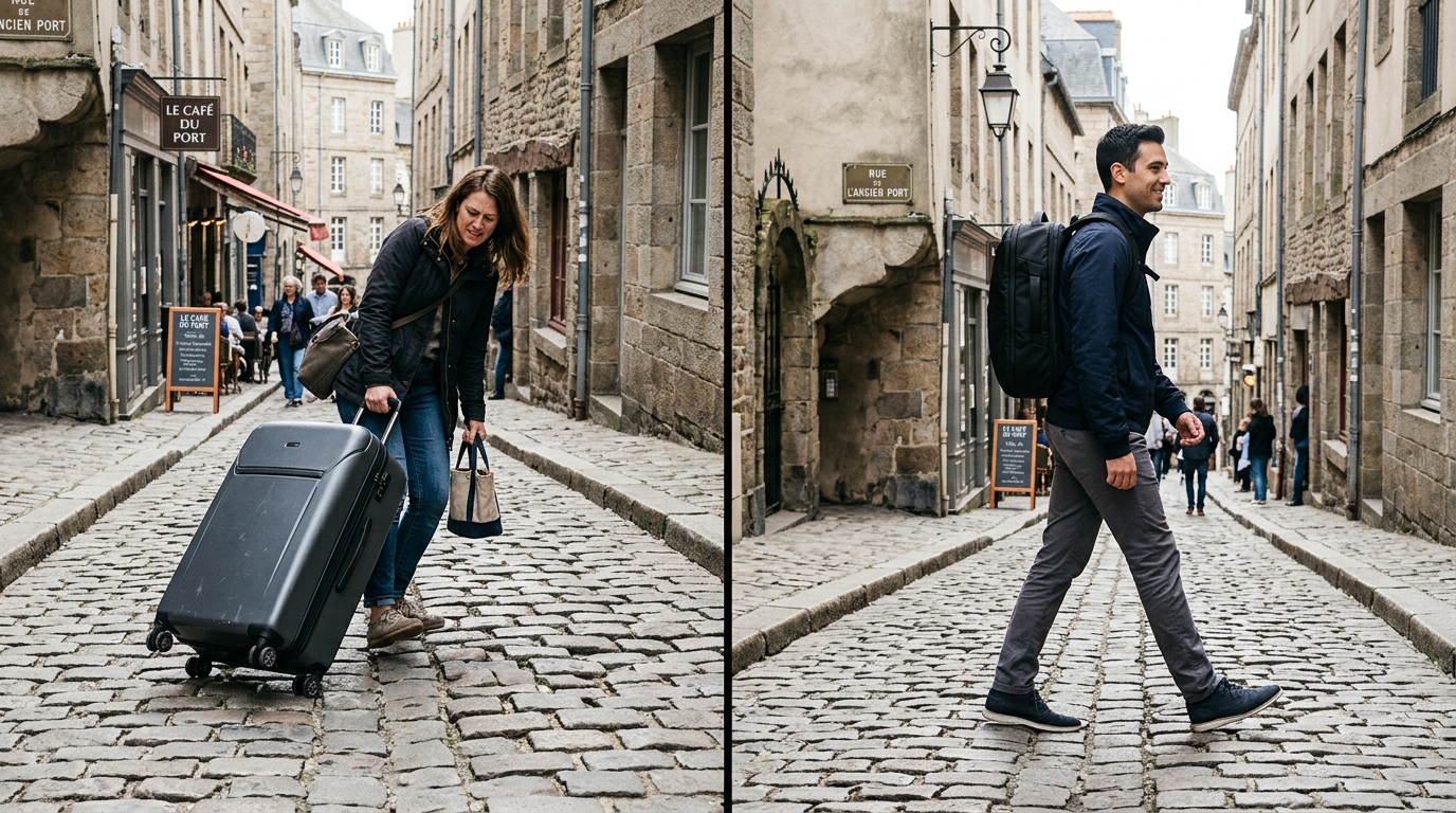 A split-screen visual comparison. On the left, a traveler struggling