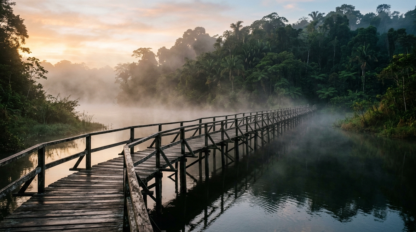 A long, slightly crooked wooden footbridge stretching over a calm