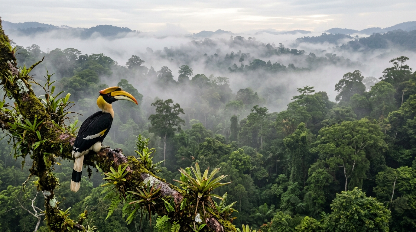 A dense, mist-covered tropical jungle canopy viewed from a high