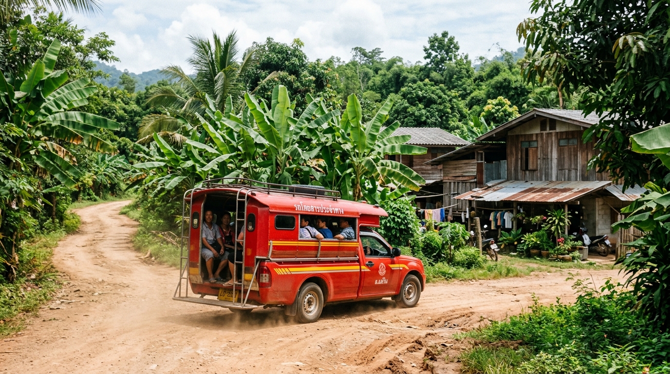 An open-air local transport truck (songthaew) painted bright red, driving