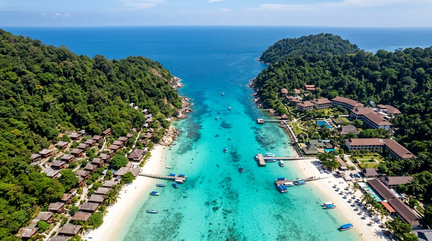A drone shot looking down at the two Perhentian islands