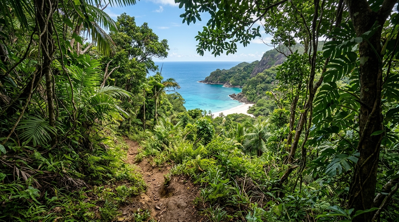 A narrow dirt trail cutting through dense, lush green jungle