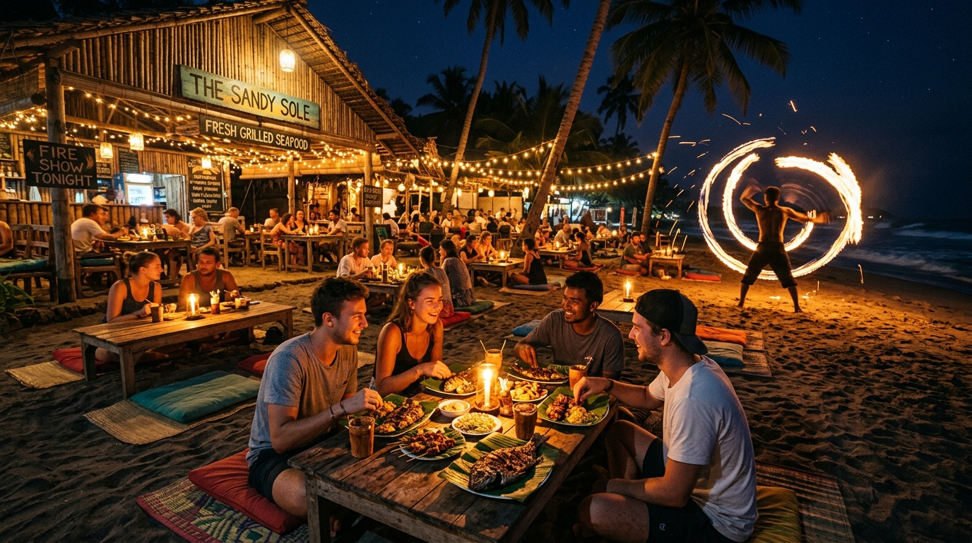 A rustic beachside cafe at night lit by warm string