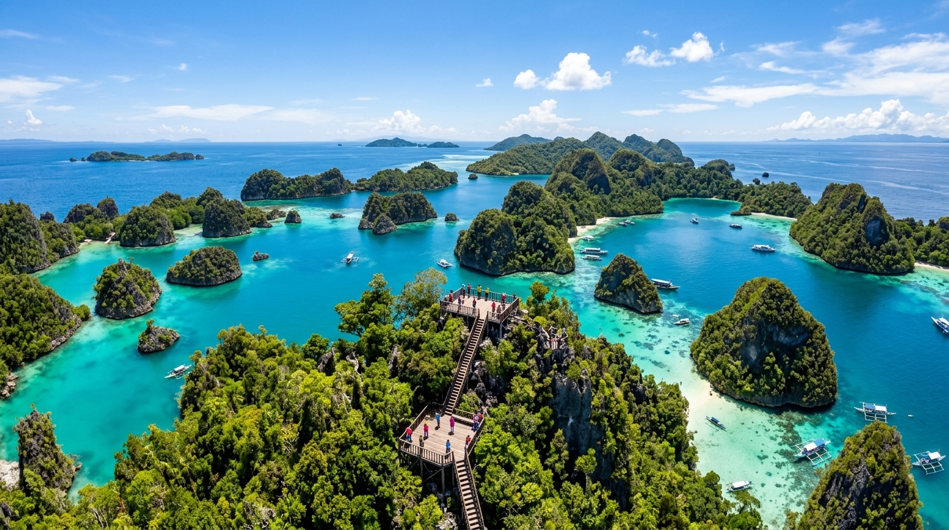 A wide aerial shot of Piaynemo viewpoint in Raja Ampat.