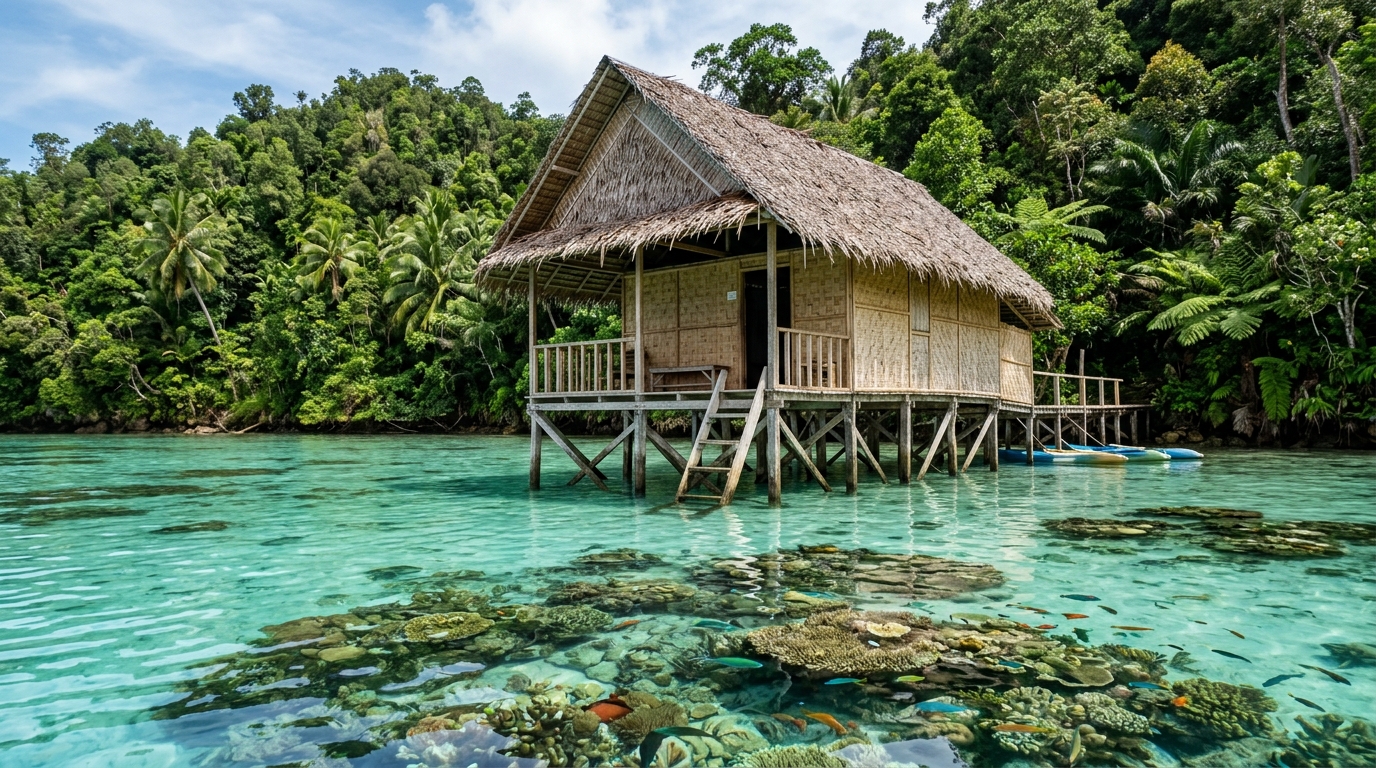 A traditional Papuan overwater homestay. The structure is made of