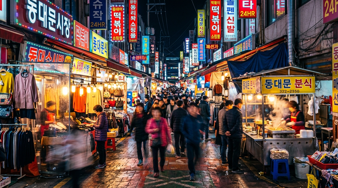 A long-exposure shot of a neon-lit, narrow alley in Dongdaemun