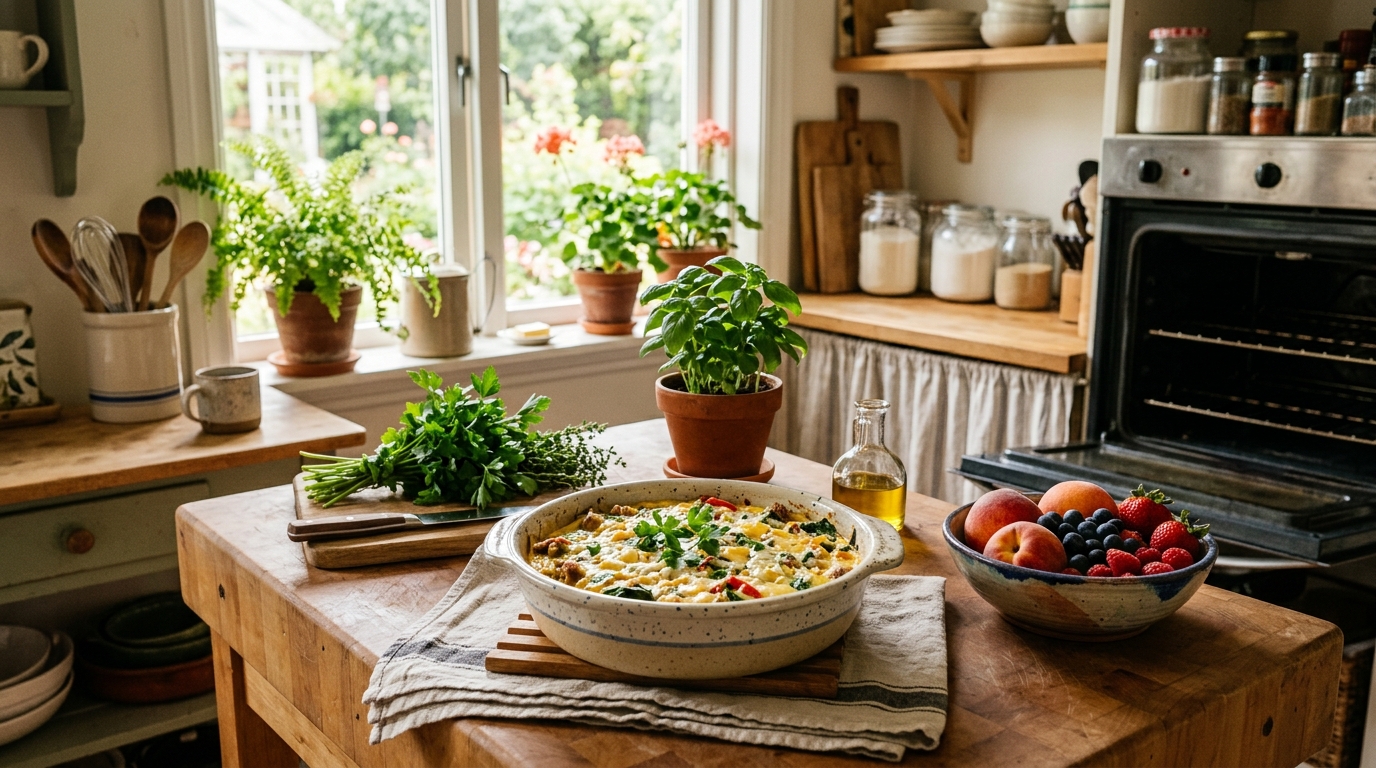 A cozy, sunlit kitchen counter featuring an assembled egg casserole