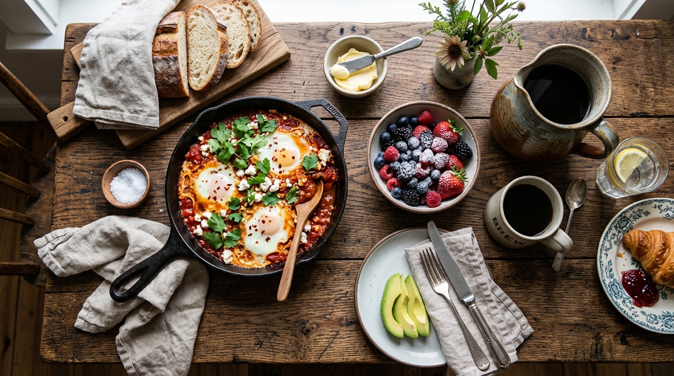 A rustic wooden table set with a variety of colorful